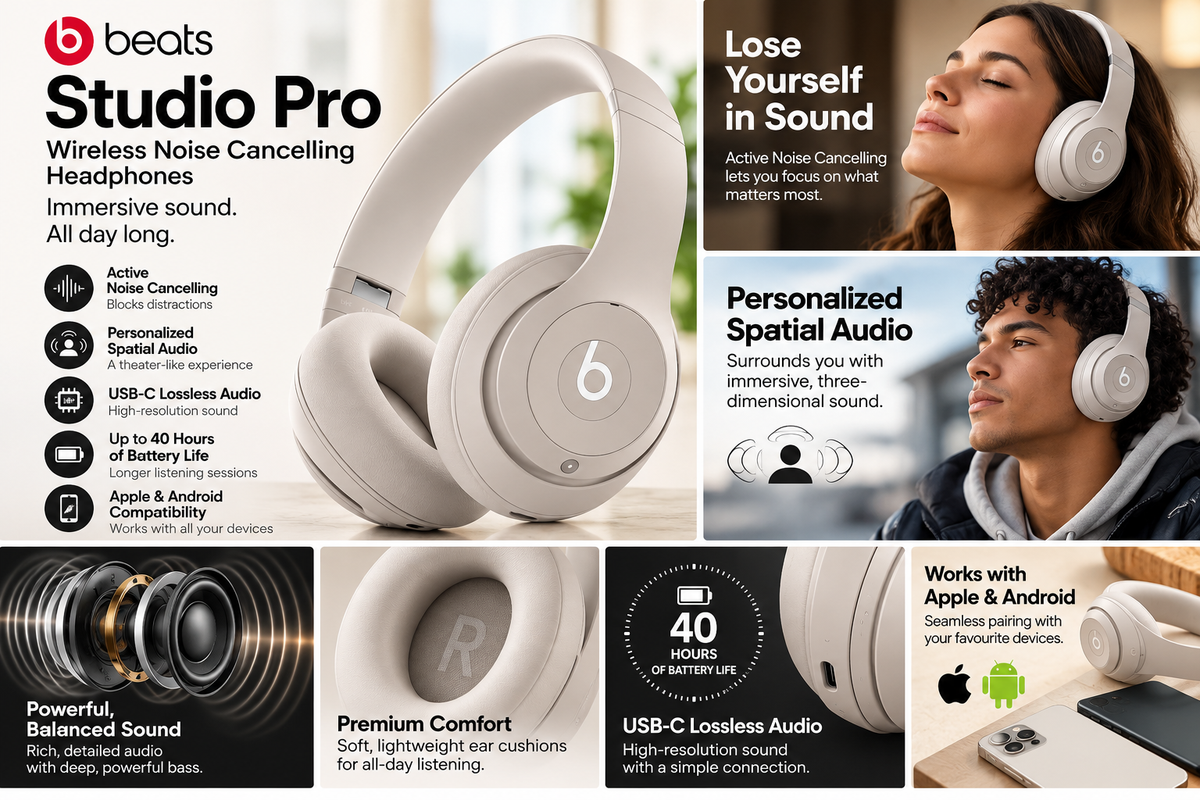 Beats Studio Pro Wireless Noise Cancelling Headphones – Spatial Audio, USB-C, 40-Hour Battery, Sandstone