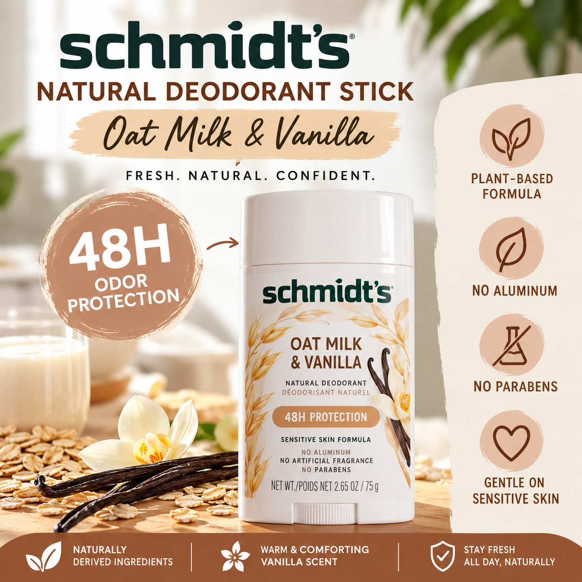 Schmidt’s Natural Deodorant Stick – Oat Milk & Vanilla, 48H Protection, 75
