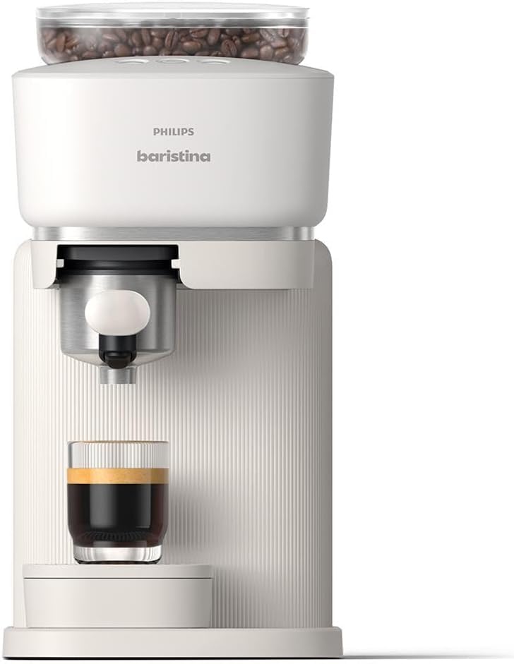 Philips Baristina Espresso Machine, Grind, Tamp & Brew Coffee Beans in One Swipe, Compact, 16 Bar Pump Pressure, Automatic Grinder, Natural White with White Portafilter (BAR308/00)