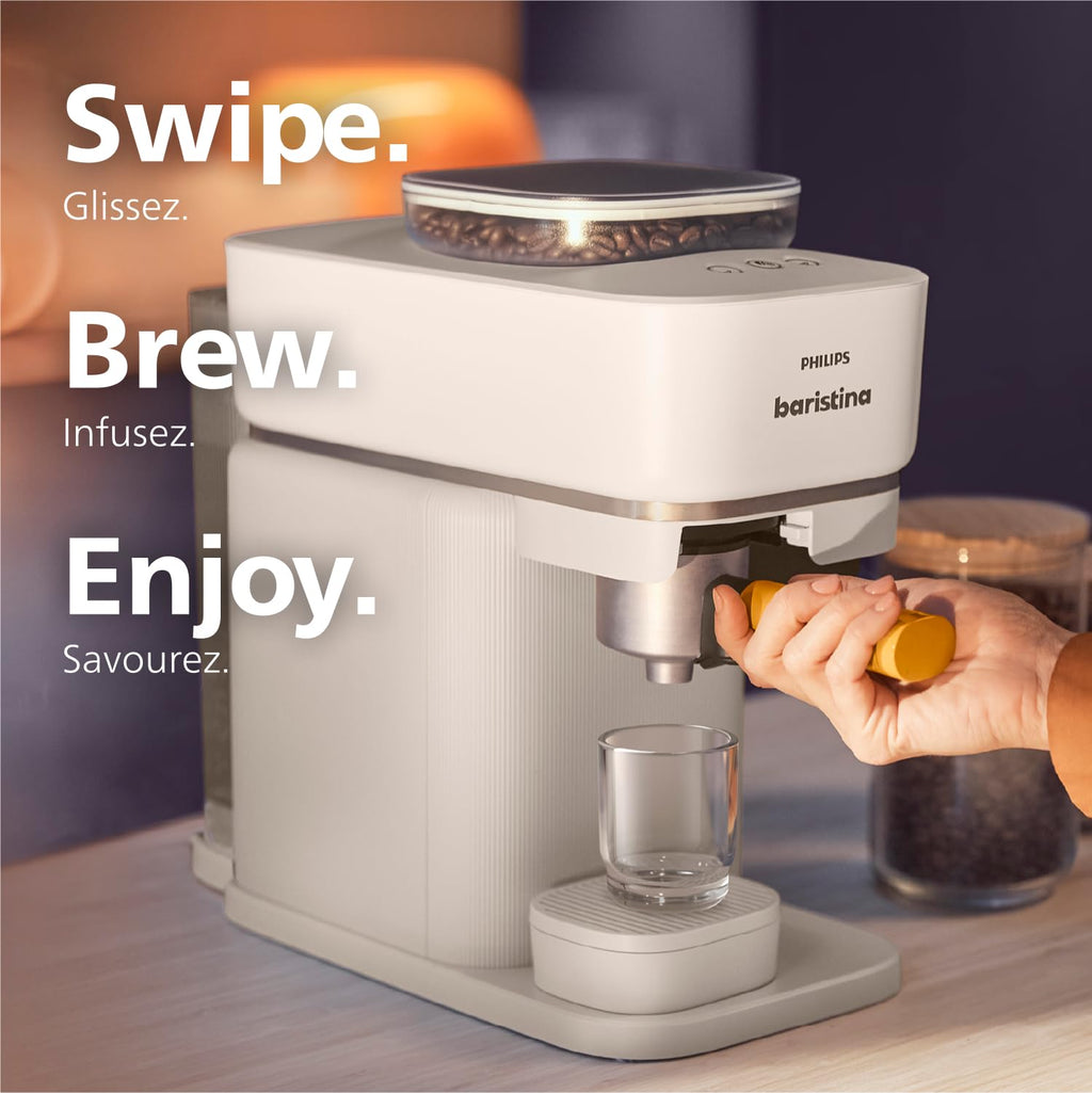 Philips Baristina Espresso Machine, Grind, Tamp & Brew Coffee Beans in One Swipe, Compact, 16 Bar Pump Pressure, Automatic Grinder, Natural White with White Portafilter (BAR308/00)