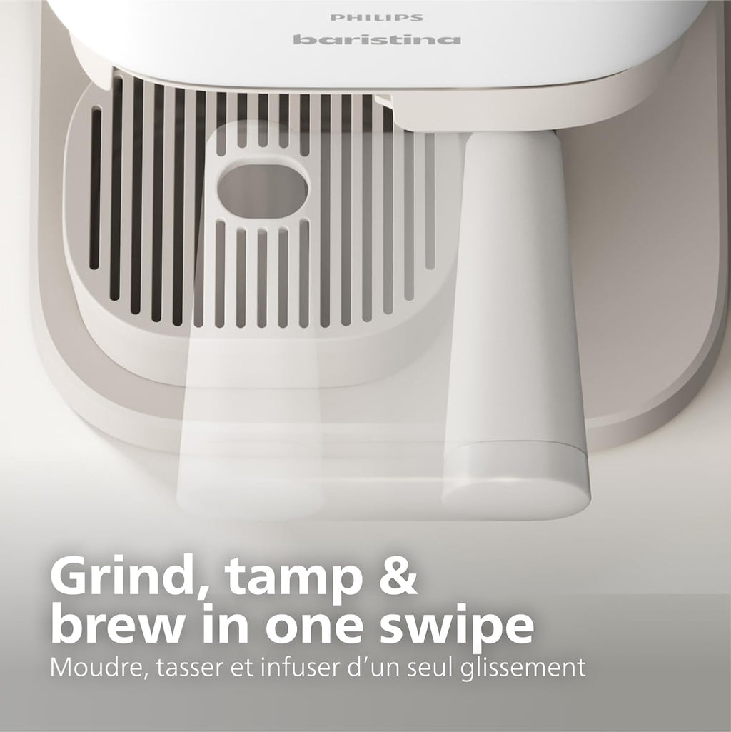 Philips Baristina Espresso Machine, Grind, Tamp & Brew Coffee Beans in One Swipe, Compact, 16 Bar Pump Pressure, Automatic Grinder, Natural White with White Portafilter (BAR308/00)