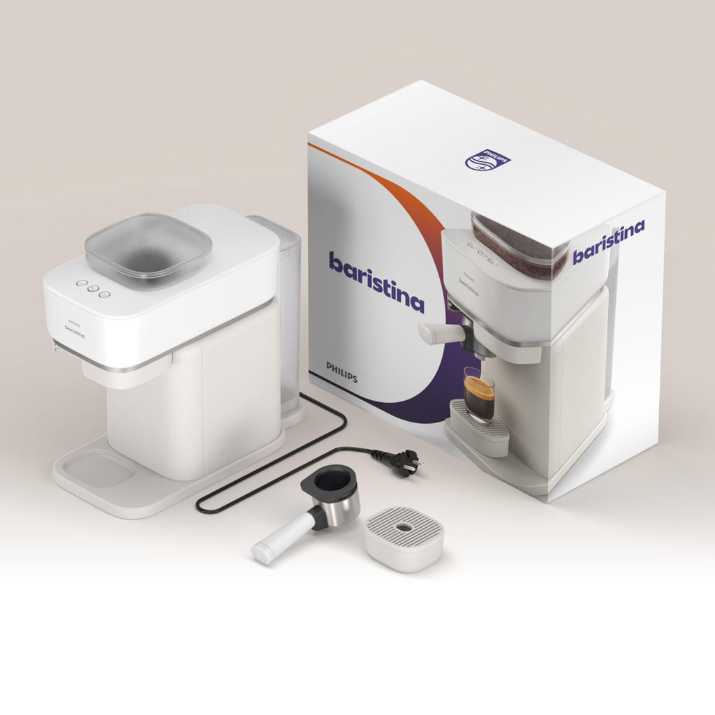 Philips Baristina Espresso Machine, Grind, Tamp & Brew Coffee Beans in One Swipe, Compact, 16 Bar Pump Pressure, Automatic Grinder, Natural White with White Portafilter (BAR308/00)