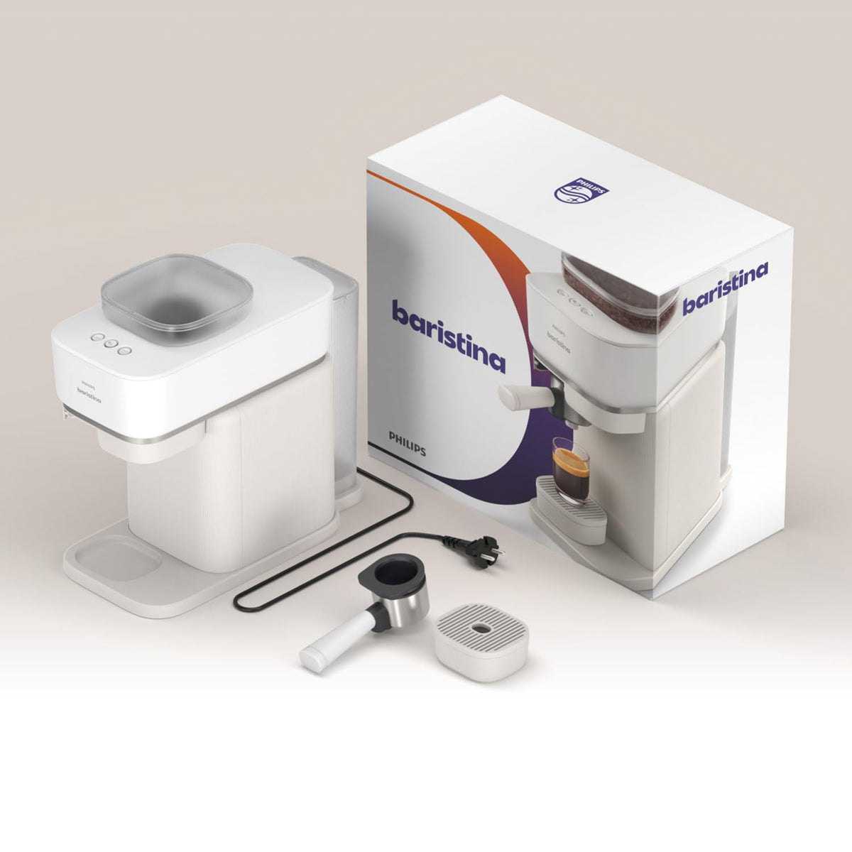 Philips Baristina Espresso Machine, Grind, Tamp & Brew Coffee Beans in One Swipe, Compact, 16 Bar Pump Pressure, Automatic Grinder, Natural White with White Portafilter (BAR308/00)