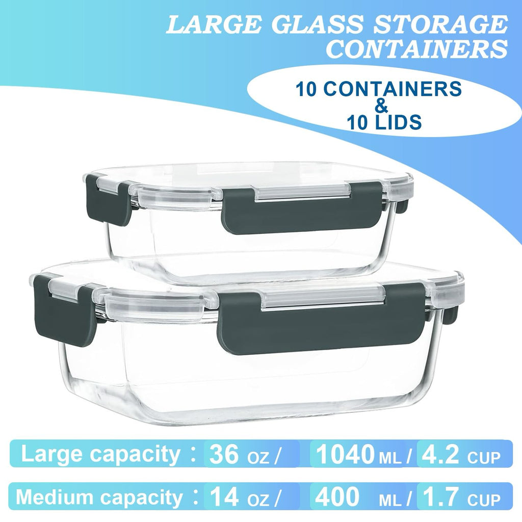 Pure Future 20-Piece Glass Food Storage Containers with Lids, 10-Pack