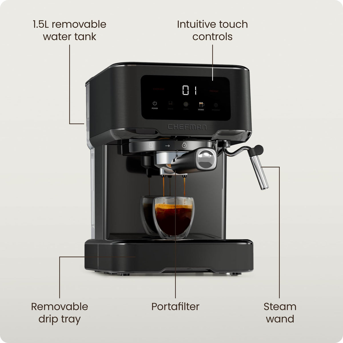 Chefman CraftBrew Espresso Machine, 15-Bar Pump Digital Espresso Maker w/Steam Wand for Latte & Cappuccino, Compact Espresso Coffee Machine w/ 1.5L Removable Water Reservoir - Black