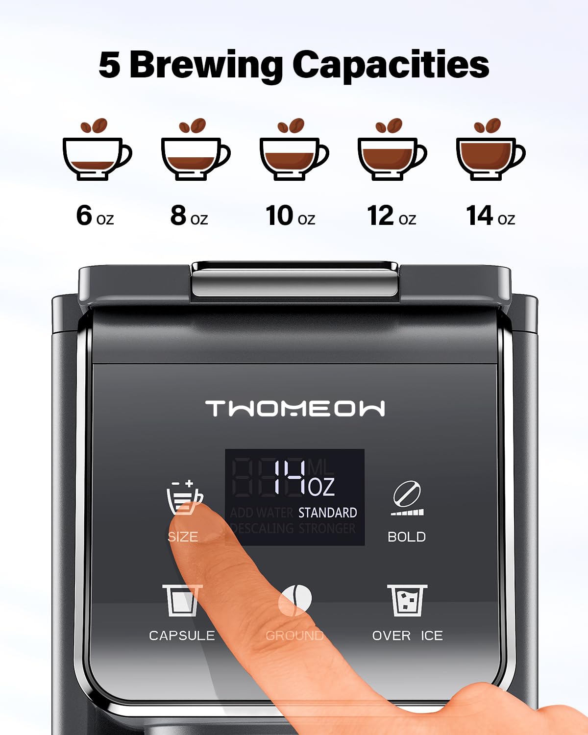 TWOMEOW Single Serve Coffee Maker with Bold Setting, Hot & Iced Coffee Machine For K Cup and Grounds, 52 Oz Removable Water Tank, 6-14 Oz Brew Sizes, Reusable Filter, Gray