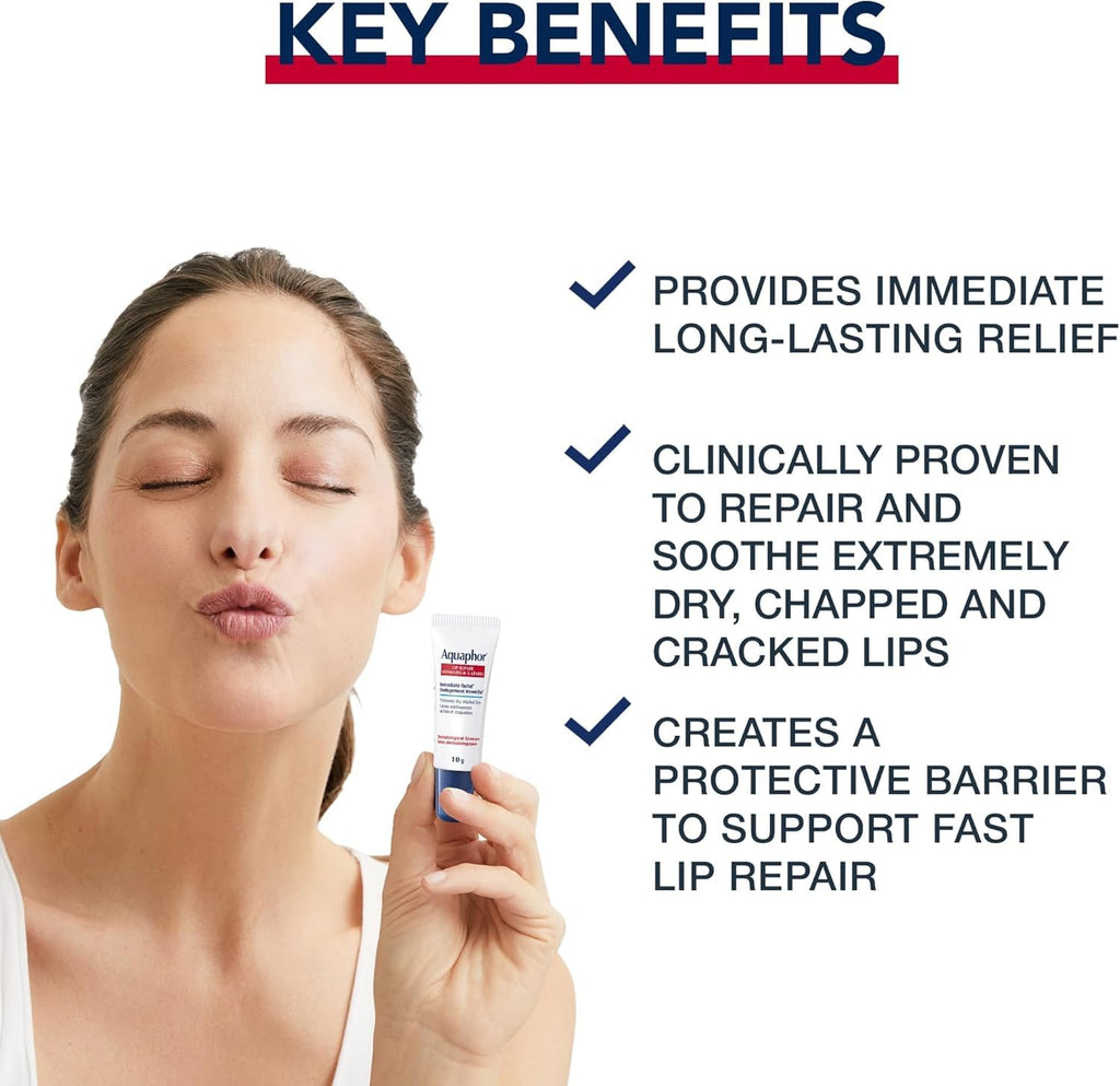 Aquaphor Lip Repair Lip Ointment for Extremely Dry, Chapped and Cracked Lips, Formulated with Panthenol and Vitamins C and E, Fragrance Free, Non Comedogenic Lip Balm, 10mL