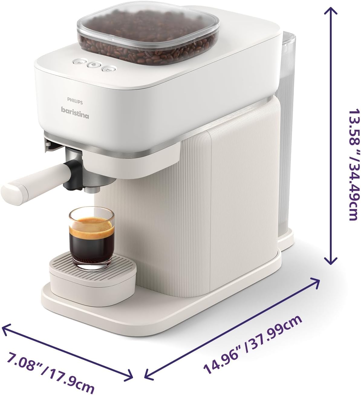 Philips Baristina Espresso Machine, Grind, Tamp & Brew Coffee Beans in One Swipe, Compact, 16 Bar Pump Pressure, Automatic Grinder, Natural White with White Portafilter (BAR308/00)