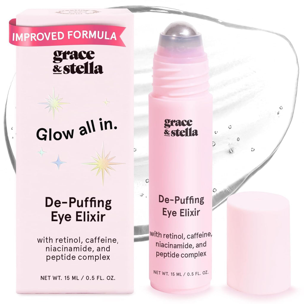 grace & stella Under Eye Brightener Roller - Airplane Travel Essentials - Travel Size Toiletries - Retinol & Caffeine Eye Serum for Puffiness, Dark Circles, Wrinkles - Vegan Skincare (15ml / 0.51floz)