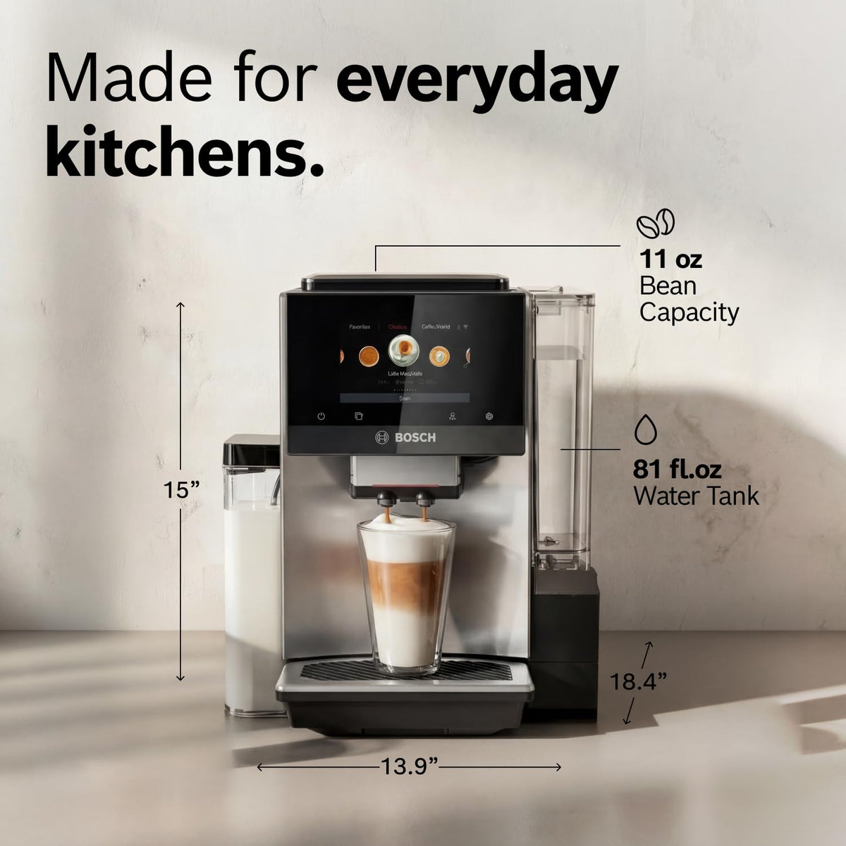 Bosch 800 Series Fully Automatic Coffee, Espresso Machine- Stainless Steel | Double Cup, Touchscreen, Large Bean Capacity, 36 Drinks, Cold Brew, Save up to 30 Profiles - Integrated Milk Container
