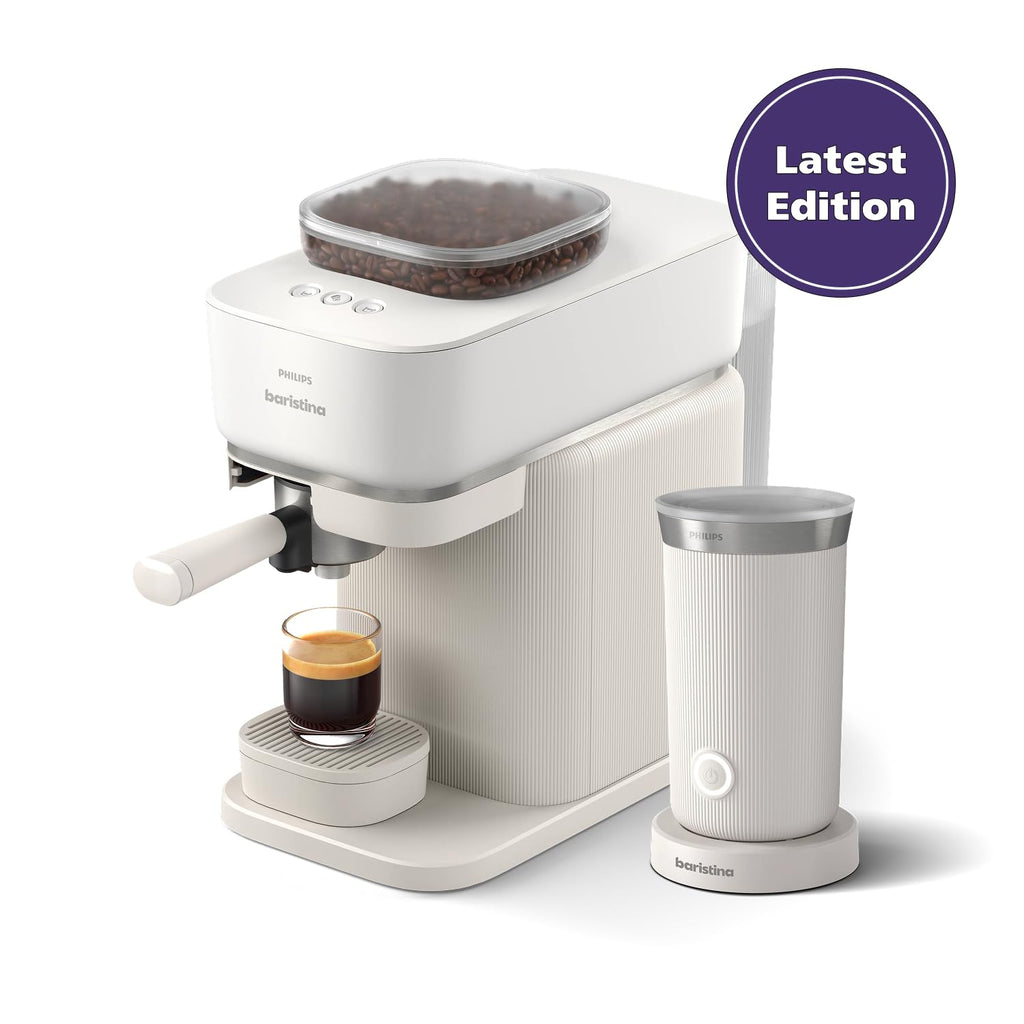Philips Baristina Espresso Machine, Grind, Tamp & Brew Coffee Beans in One Swipe, Compact, 16 Bar Pump Pressure, Automatic Grinder, Natural White with White Portafilter (BAR308/00)