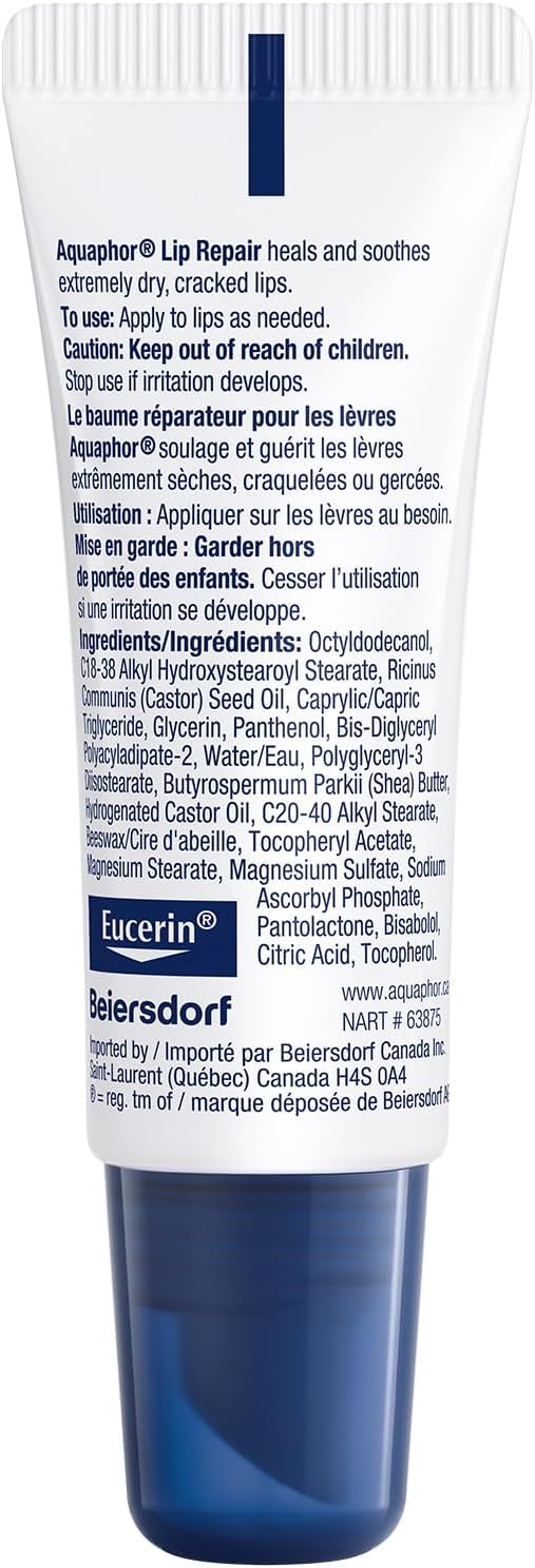 Aquaphor Lip Repair Lip Ointment for Extremely Dry, Chapped and Cracked Lips, Formulated with Panthenol and Vitamins C and E, Fragrance Free, Non Comedogenic Lip Balm, 10mL