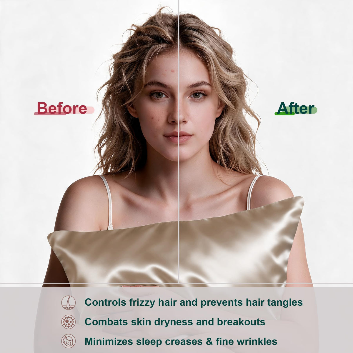LYSHIN Silk Pillow Cases Standard Size with Hidden Zipper, Champagne