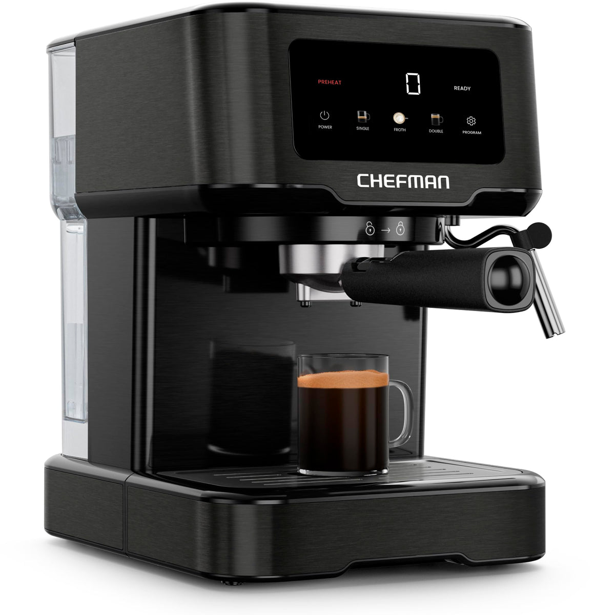 Chefman CraftBrew Espresso Machine, 15-Bar Pump Digital Espresso Maker w/Steam Wand for Latte & Cappuccino, Compact Espresso Coffee Machine w/ 1.5L Removable Water Reservoir –Stainless Black