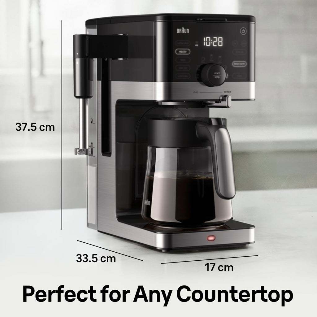 Braun OptiBrew Pro Drip Coffee Maker, Single Serve to 12 Cups, Milk Frother