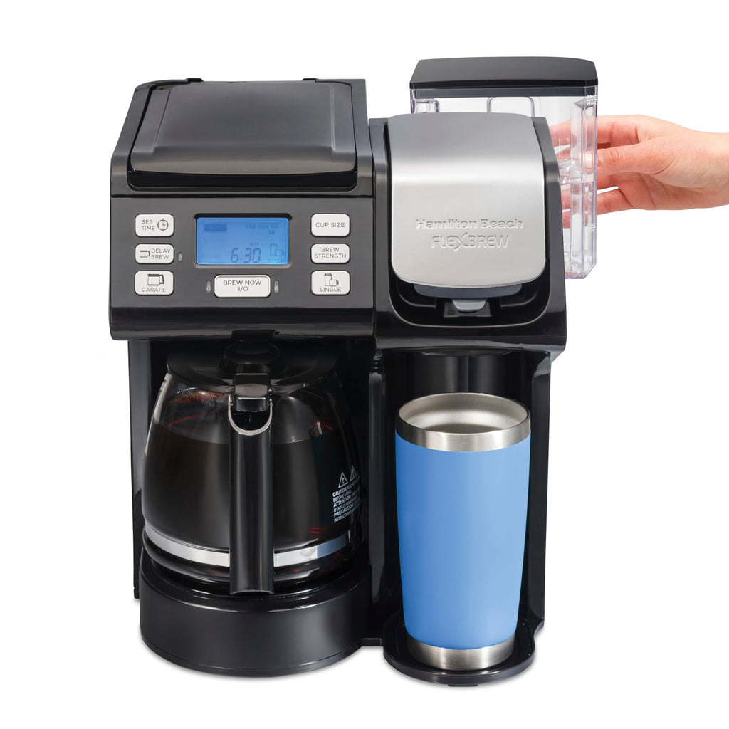 Hamilton Beach FlexBrew Trio Coffee Maker, Single Serve Pod & Grounds + 12 Cup Drip Coffee Maker, Fast Brewing, Programmable, 56 oz Removable Reservoir, Black (49902JN)