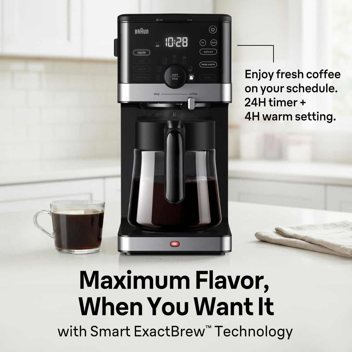 Braun OptiBrew Pro Drip Coffee Maker, Single Serve to 12 Cups, Milk Frother