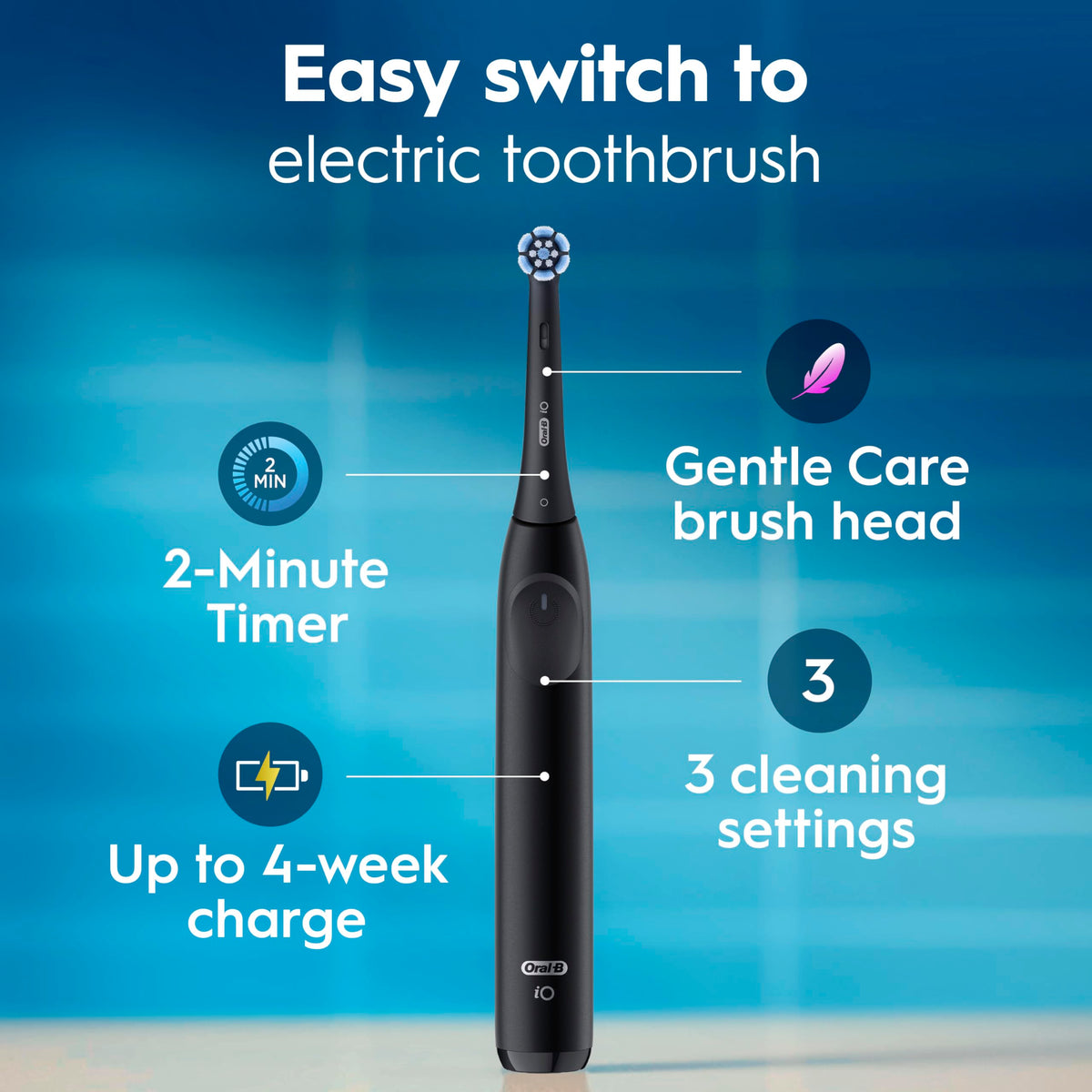 Oral-B iO2 Electric Toothbrush, for an Easy Switch to Electric, Night Black, Rechargeable Electric Toothbrushes, iO Series 2 Limited with 1 Power Toothbrush, 1 Brush Head, and 1 Travel Case