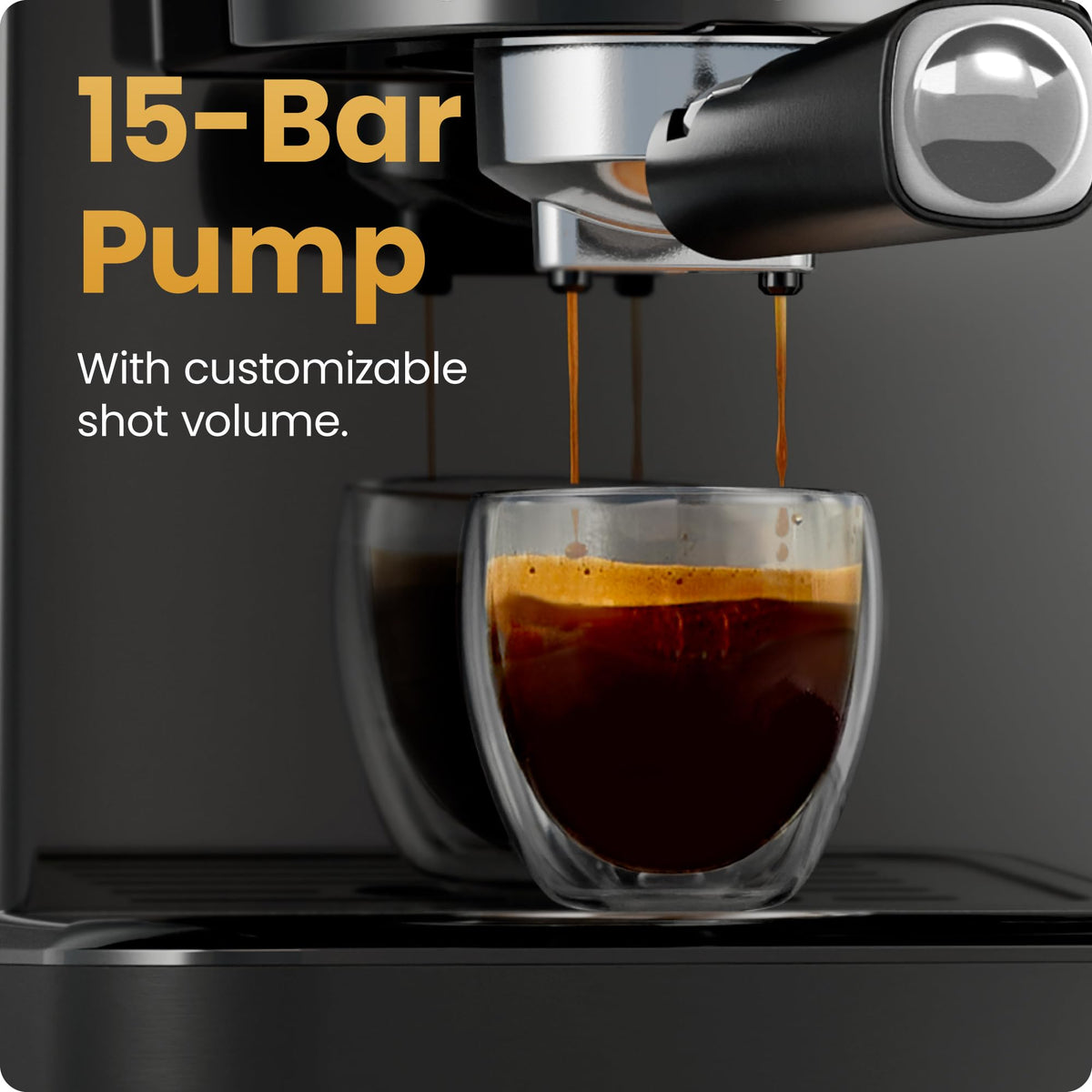Chefman CraftBrew Espresso Machine, 15-Bar Pump Digital Espresso Maker w/Steam Wand for Latte & Cappuccino, Compact Espresso Coffee Machine w/ 1.5L Removable Water Reservoir –Stainless Black