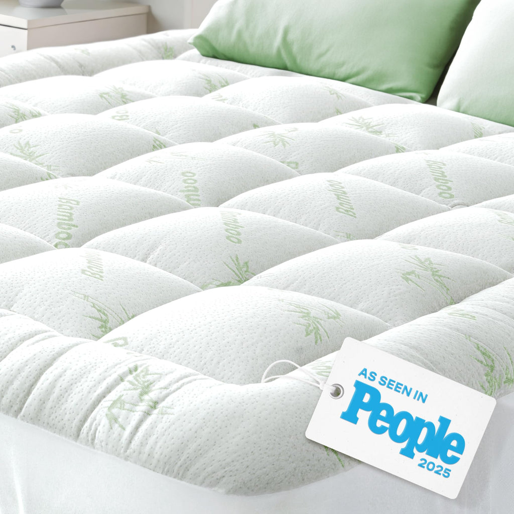 Bamboo Mattress Topper Queen Size - Thick Cooling Breathable Pillow Top Mattress Pad for Back Pain Relief - Deep Pocket Topper Fits 8-20 Inches (60x80 Inches, Green)