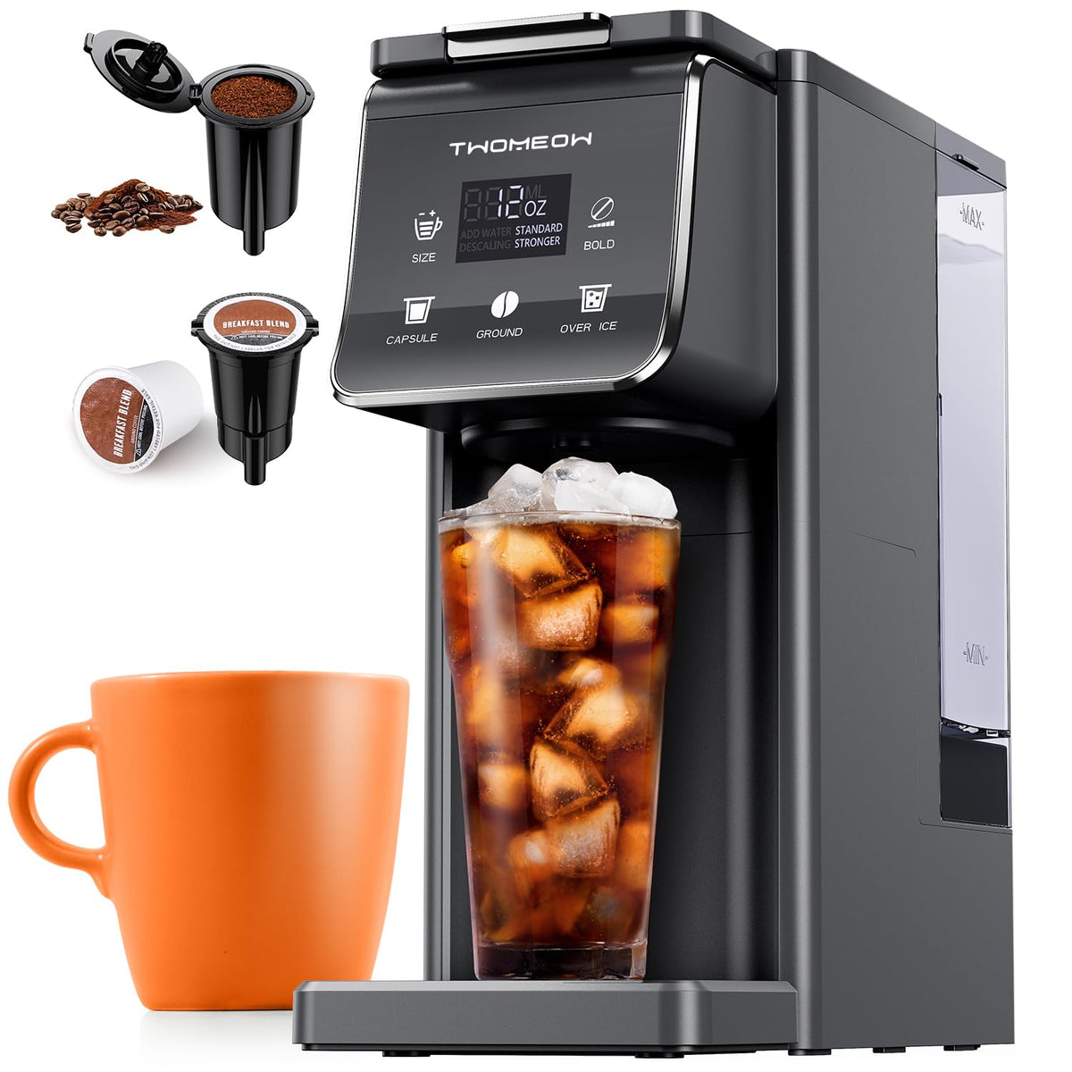 TWOMEOW Single Serve Coffee Maker with Bold Setting, Hot & Iced Coffee Machine For K Cup and Grounds, 52 Oz Removable Water Tank, 6-14 Oz Brew Sizes, Reusable Filter, Gray