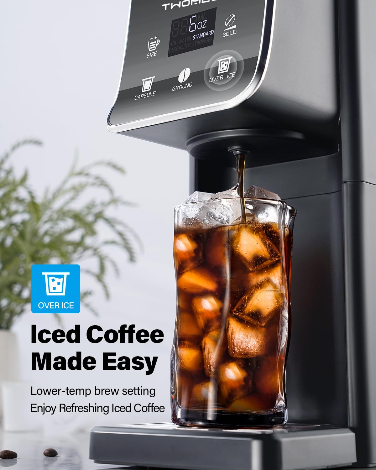 TWOMEOW Single Serve Coffee Maker with Bold Setting, Hot & Iced Coffee Machine For K Cup and Grounds, 52 Oz Removable Water Tank, 6-14 Oz Brew Sizes, Reusable Filter, Gray