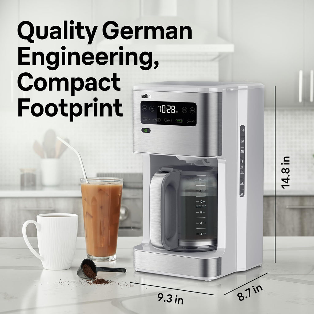 Braun PureFlavor 14‑Cup Programmable Coffee Maker – Fast Brew Speed, Touch Display, Bold & Brew‑Over‑Ice Modes, FlavorCarafe & Adjustable Warm Plate, White