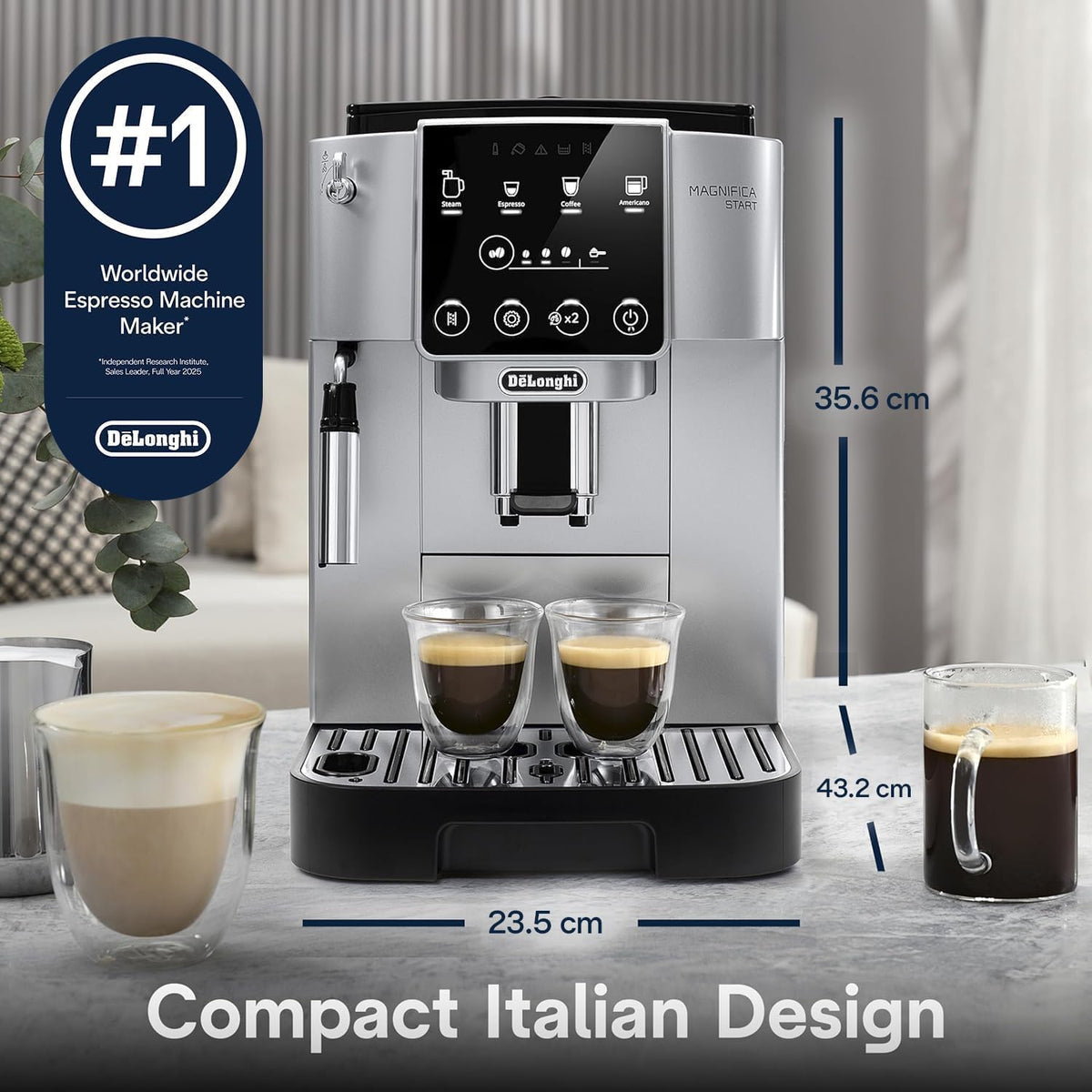 De'Longhi Magnifica Start Automatic Espresso & Coffee Machine with Manual Milk Frother for Latte, Cappuccino, Built-in Grinder, Silver, ECAM22022SB