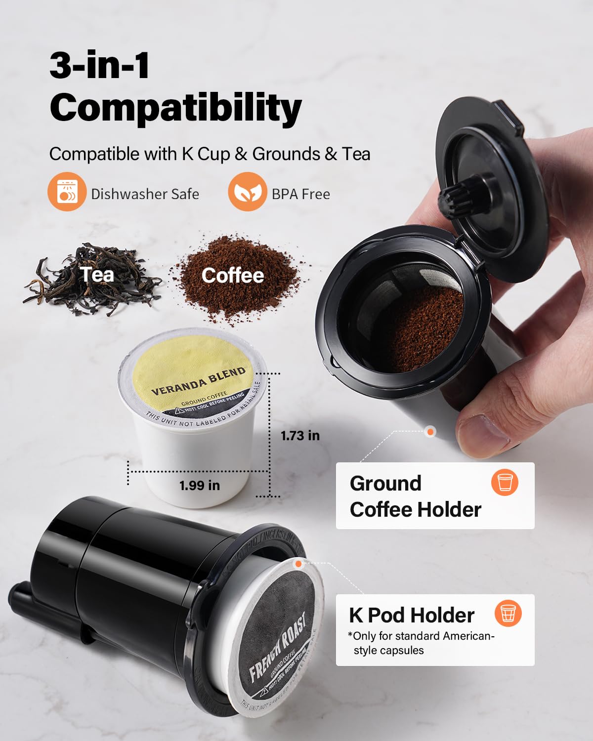 TWOMEOW Single Serve Coffee Maker with Bold Setting, Hot & Iced Coffee Machine For K Cup and Grounds, 52 Oz Removable Water Tank, 6-14 Oz Brew Sizes, Reusable Filter, Gray