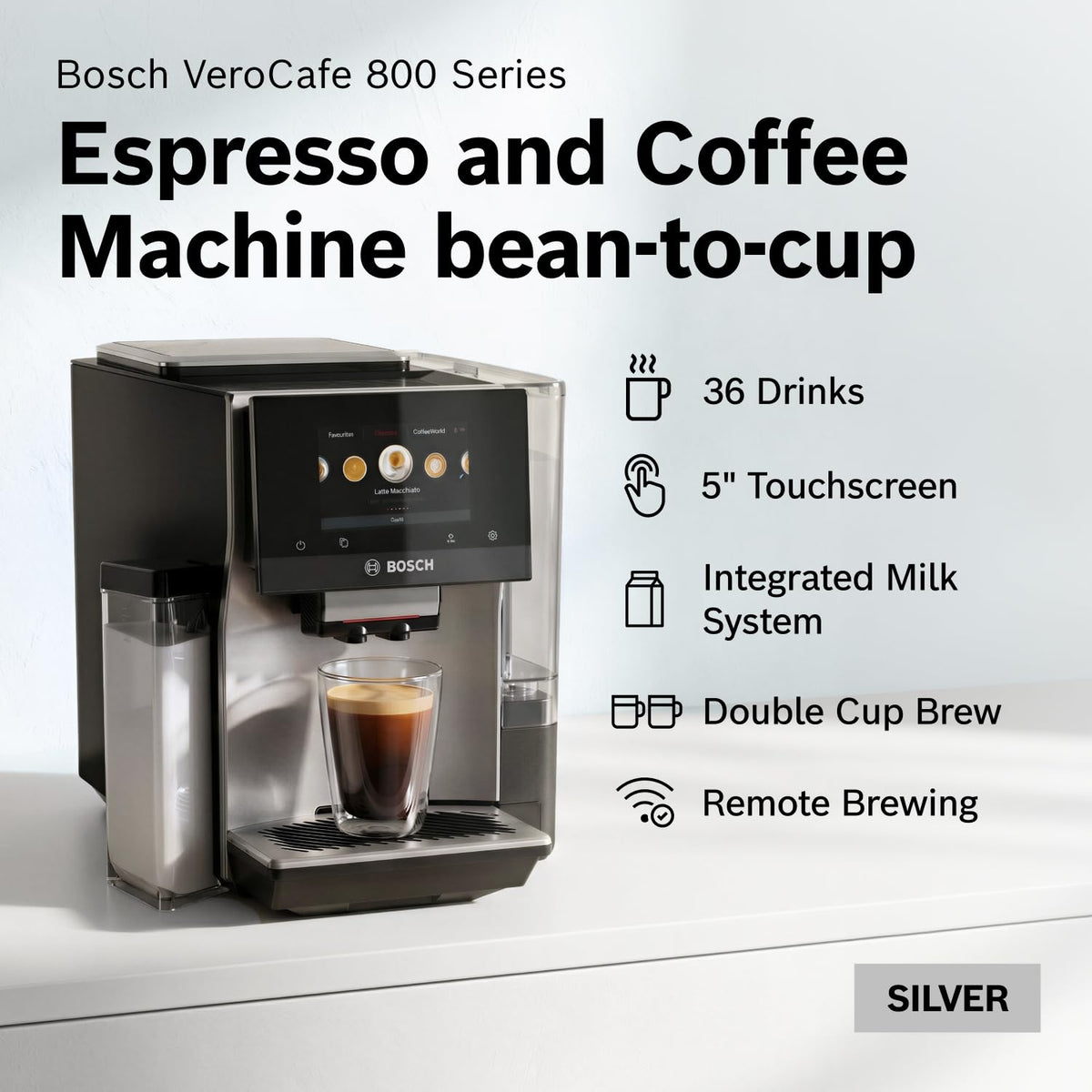 Bosch 800 Series Fully Automatic Coffee, Espresso Machine- Stainless Steel | Double Cup, Touchscreen, Large Bean Capacity, 36 Drinks, Cold Brew, Save up to 30 Profiles - Integrated Milk Container