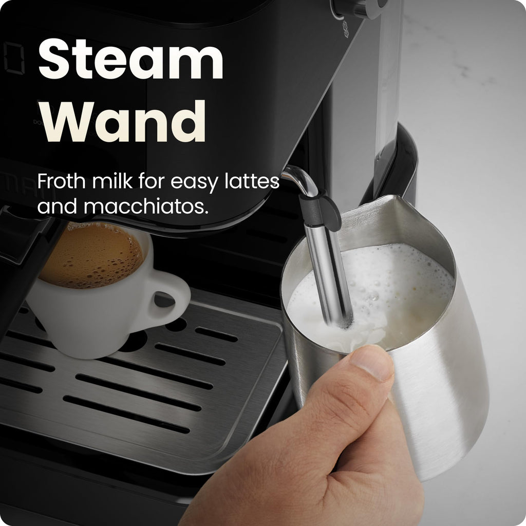 Chefman CraftBrew Espresso Machine, 15-Bar Pump Digital Espresso Maker w/Steam Wand for Latte & Cappuccino, Compact Espresso Coffee Machine w/ 1.5L Removable Water Reservoir –Stainless Black