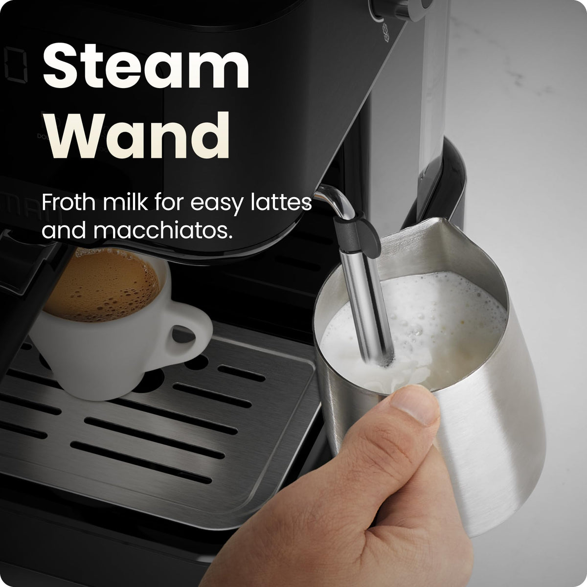 Chefman CraftBrew Espresso Machine, 15-Bar Pump Digital Espresso Maker w/Steam Wand for Latte & Cappuccino, Compact Espresso Coffee Machine w/ 1.5L Removable Water Reservoir –Stainless Black