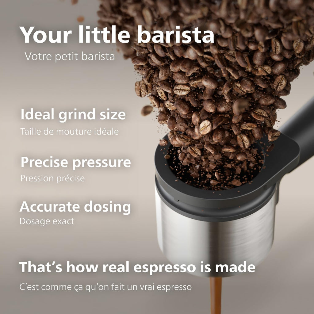 Philips Baristina Espresso Machine, Grind, Tamp & Brew Coffee Beans in One Swipe, Compact, 16 Bar Pump Pressure, Automatic Grinder, Natural White with White Portafilter (BAR308/00)