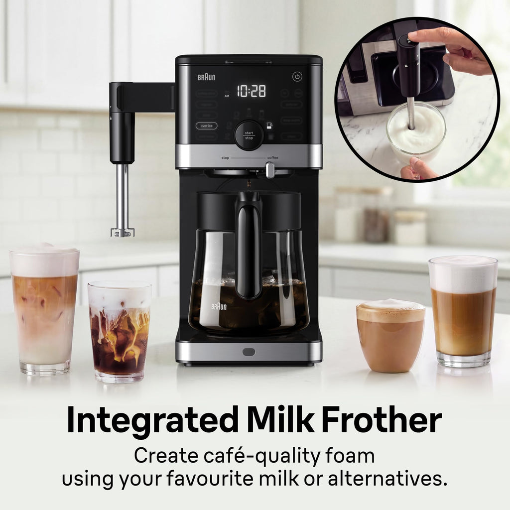 Braun OptiBrew Pro Drip Coffee Maker, Single Serve to 12 Cups, Milk Frother