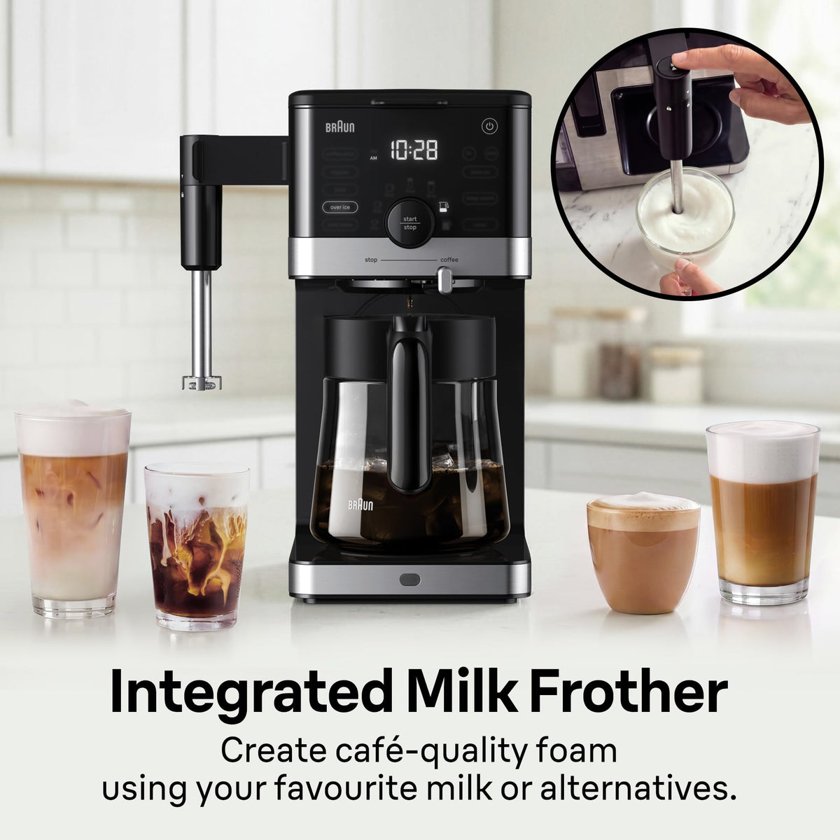 Braun OptiBrew Pro Drip Coffee Maker, Single Serve to 12 Cups, Milk Frother