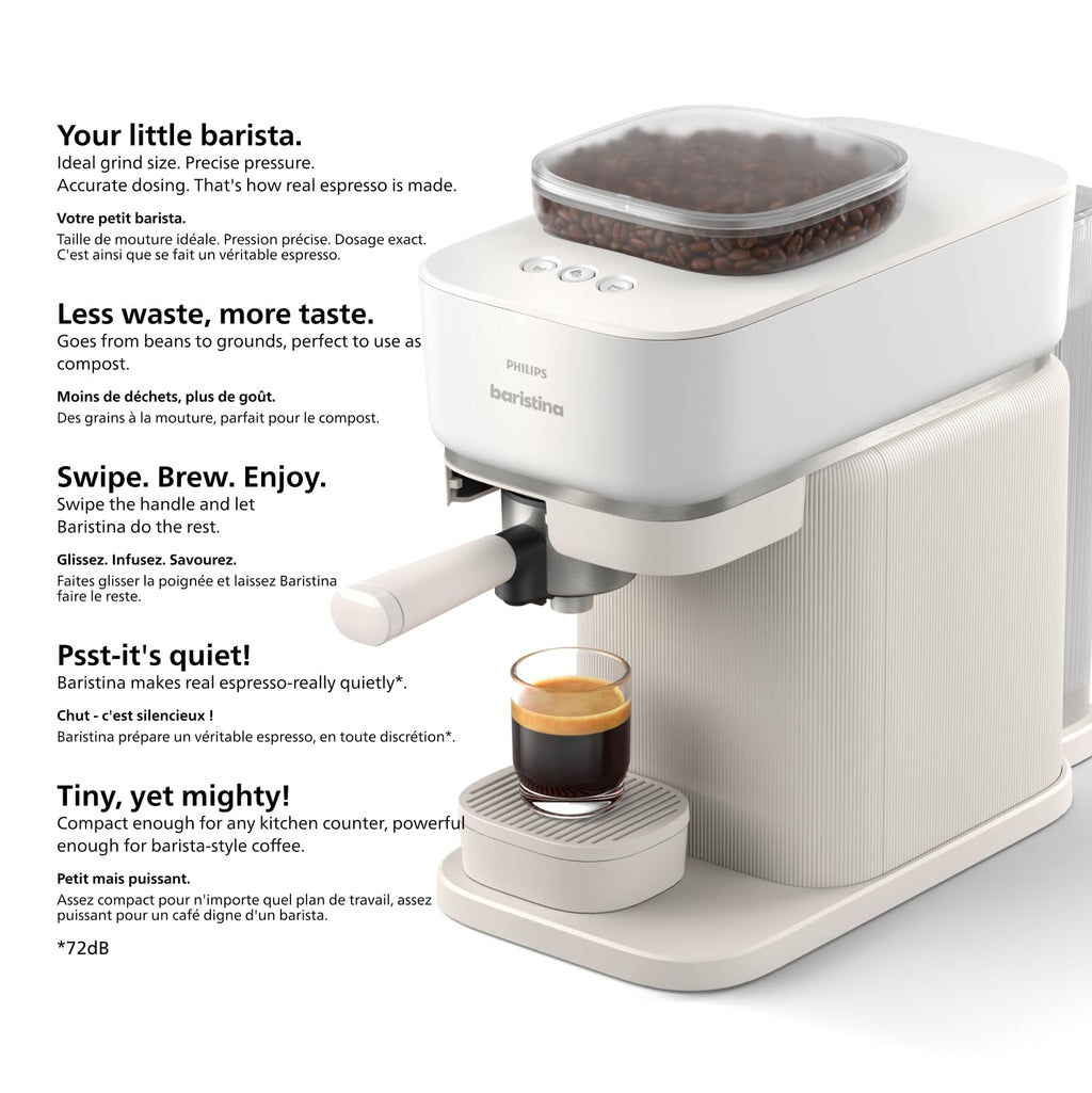 Philips Baristina Espresso Machine, Grind, Tamp & Brew Coffee Beans in One Swipe, Compact, 16 Bar Pump Pressure, Automatic Grinder, Natural White with White Portafilter (BAR308/00)
