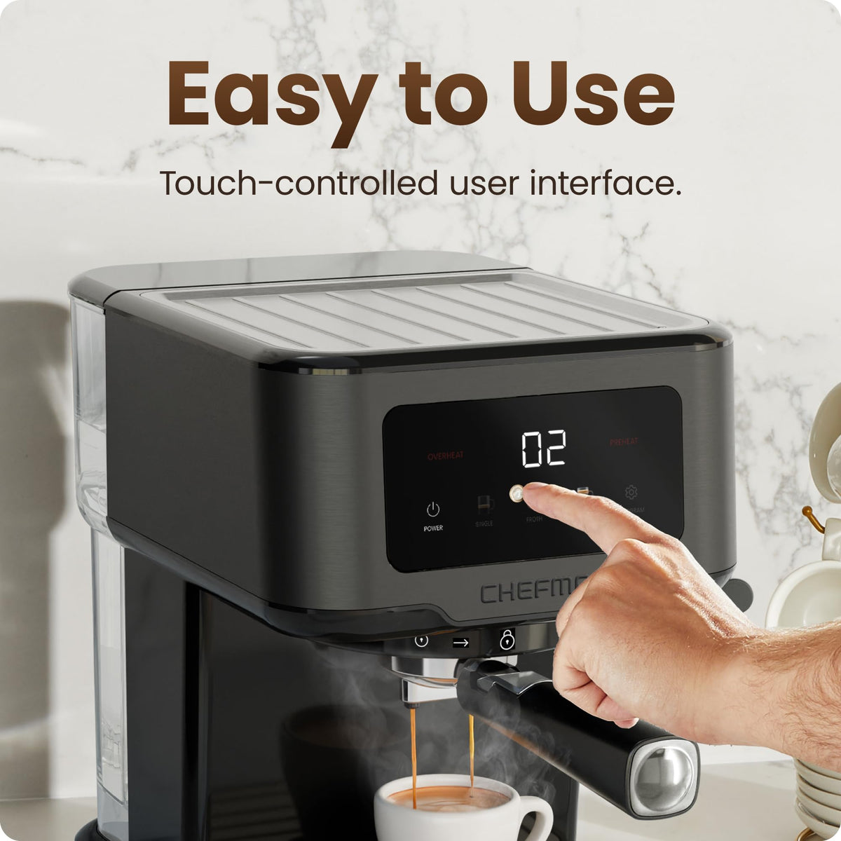 Chefman CraftBrew Espresso Machine, 15-Bar Pump Digital Espresso Maker w/Steam Wand for Latte & Cappuccino, Compact Espresso Coffee Machine w/ 1.5L Removable Water Reservoir –Stainless Black