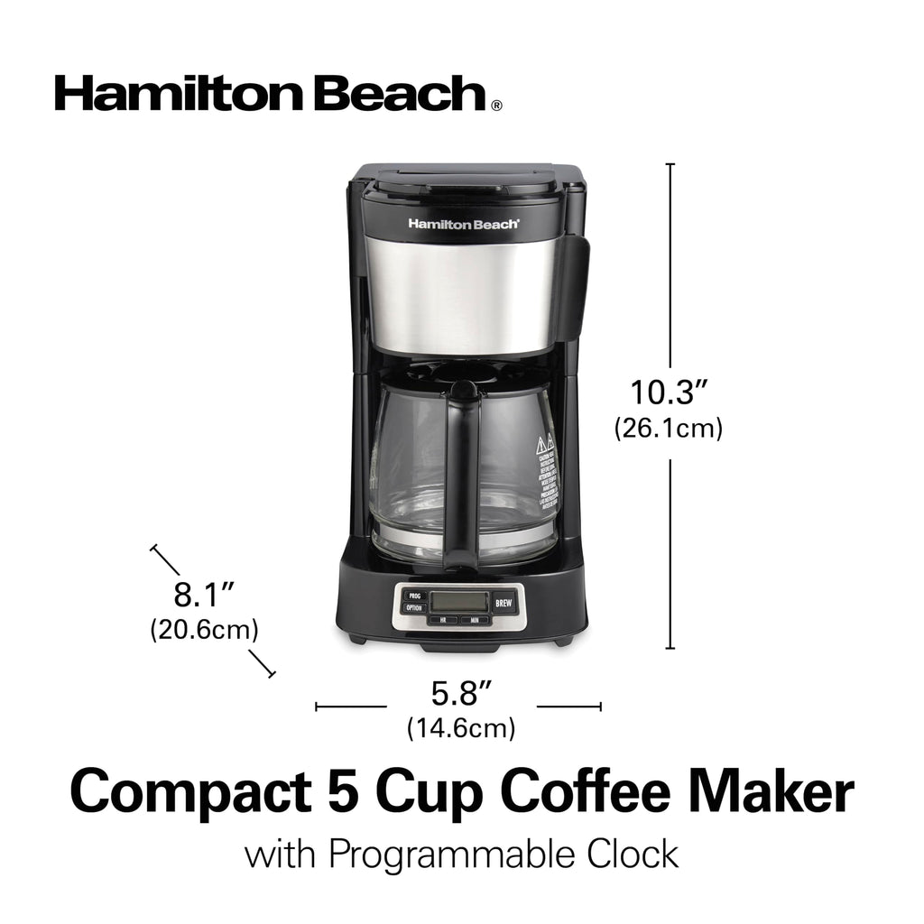 Hamilton Beach 5 Cup Compact Programmable Coffee Maker, FrontFill Water Reservoir, Small Drip Coffee Maker with Glass Carafe, Auto Pause & Pour, Space-Saving Design, Black & Stainless Steel (46111)