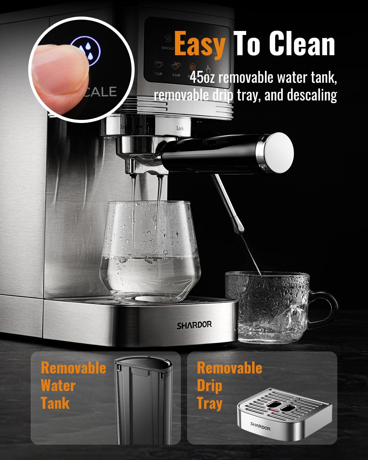 SHARDOR Espresso Machine with 20 Bar Pressure, Touchscreen Coffee Maker with Steam Wand Milk Frother, 45 Oz Water Tank, Adjustable Temperature for Cappuccino & Latte