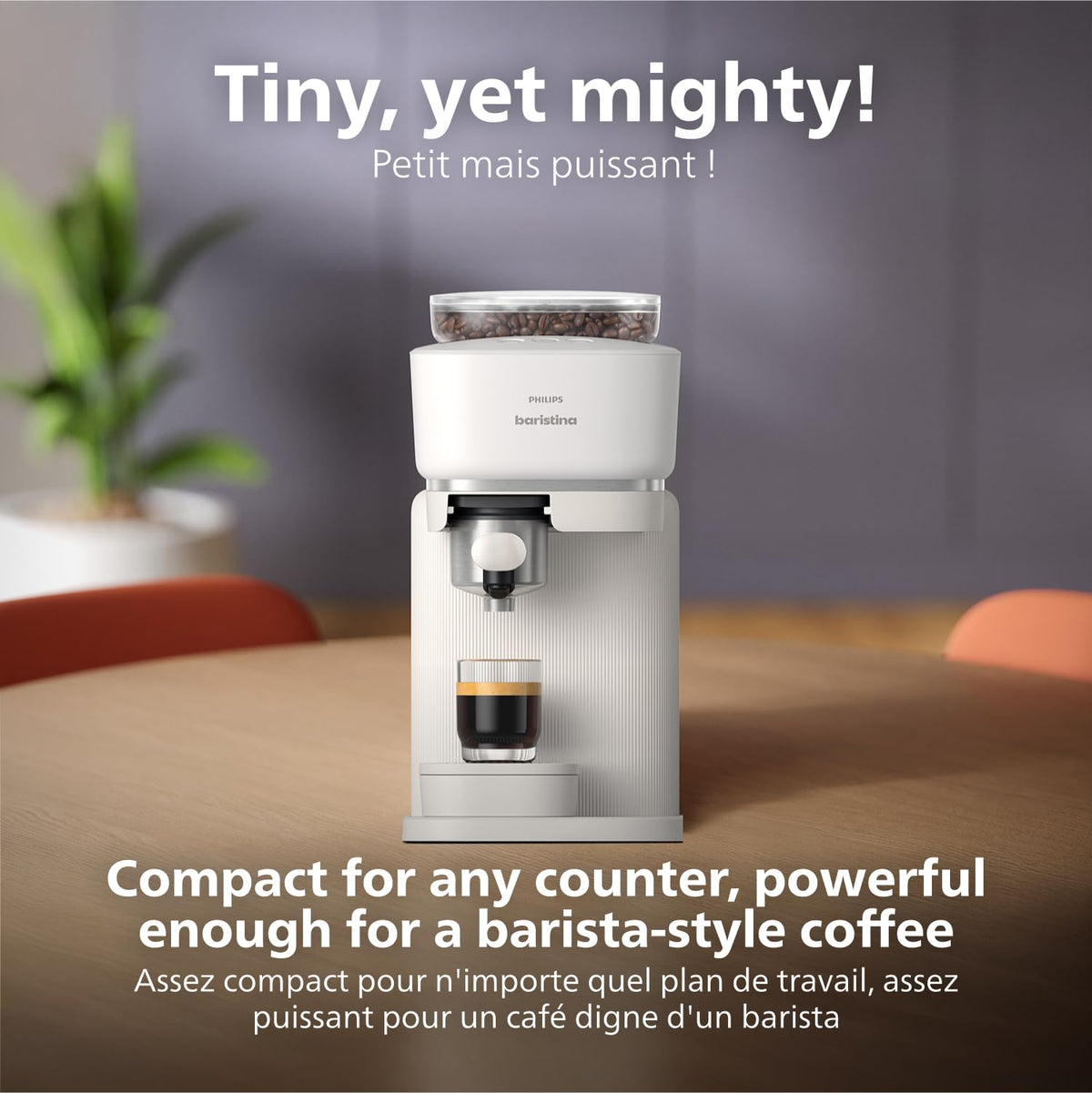 Philips Baristina Espresso Machine, Grind, Tamp & Brew Coffee Beans in One Swipe, Compact, 16 Bar Pump Pressure, Automatic Grinder, Natural White with White Portafilter (BAR308/00)