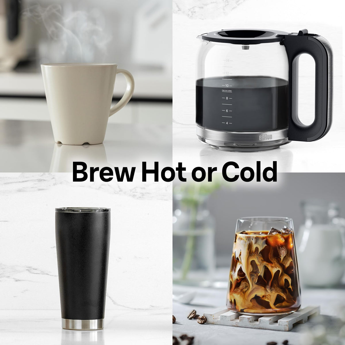 Braun PureFlavor 14‑Cup Programmable Coffee Maker – Fast Brew Speed, Touch Display, Bold & Brew‑Over‑Ice Modes, FlavorCarafe & Adjustable Warm Plate, White