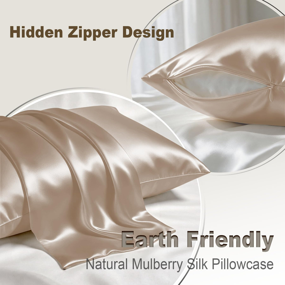 LYSHIN Silk Pillow Cases Standard Size with Hidden Zipper, Champagne