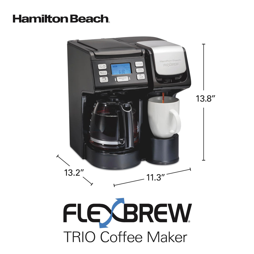 Hamilton Beach FlexBrew Trio 3-Way Coffee Maker, Single Serve & 12 Cup Drip Coffee Maker, Pod & Ground Coffee Compatible, Fast Brewing, Programmable, 56 oz Reservoir, Black (49902C)