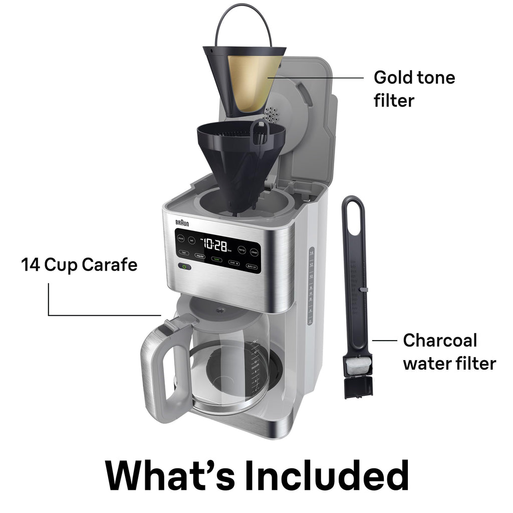 Braun PureFlavor 14‑Cup Programmable Coffee Maker – Fast Brew Speed, Touch Display, Bold & Brew‑Over‑Ice Modes, FlavorCarafe & Adjustable Warm Plate, White