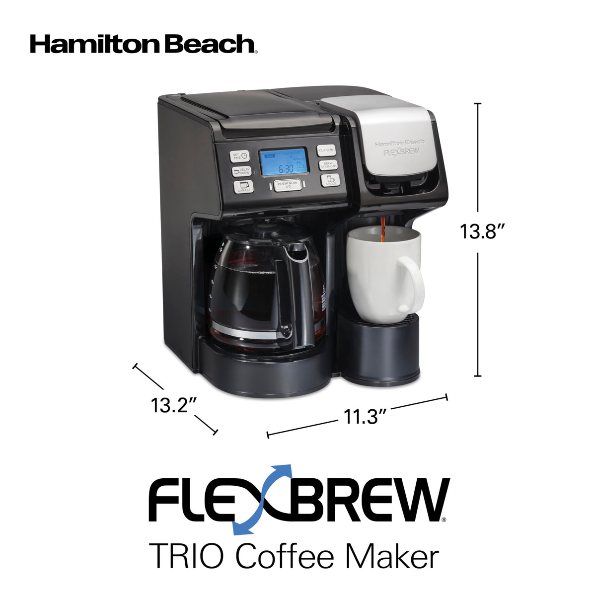 Hamilton Beach FlexBrew Trio Coffee Maker, Single Serve Pod & Grounds + 12 Cup Drip Coffee Maker, Fast Brewing, Programmable, 56 oz Removable Reservoir, Black (49902JN)