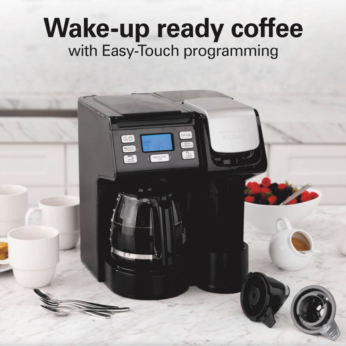 Hamilton Beach FlexBrew Trio 3-Way Coffee Maker, Single Serve & 12 Cup Drip Coffee Maker, Pod & Ground Coffee Compatible, Fast Brewing, Programmable, 56 oz Reservoir, Black (49902C)