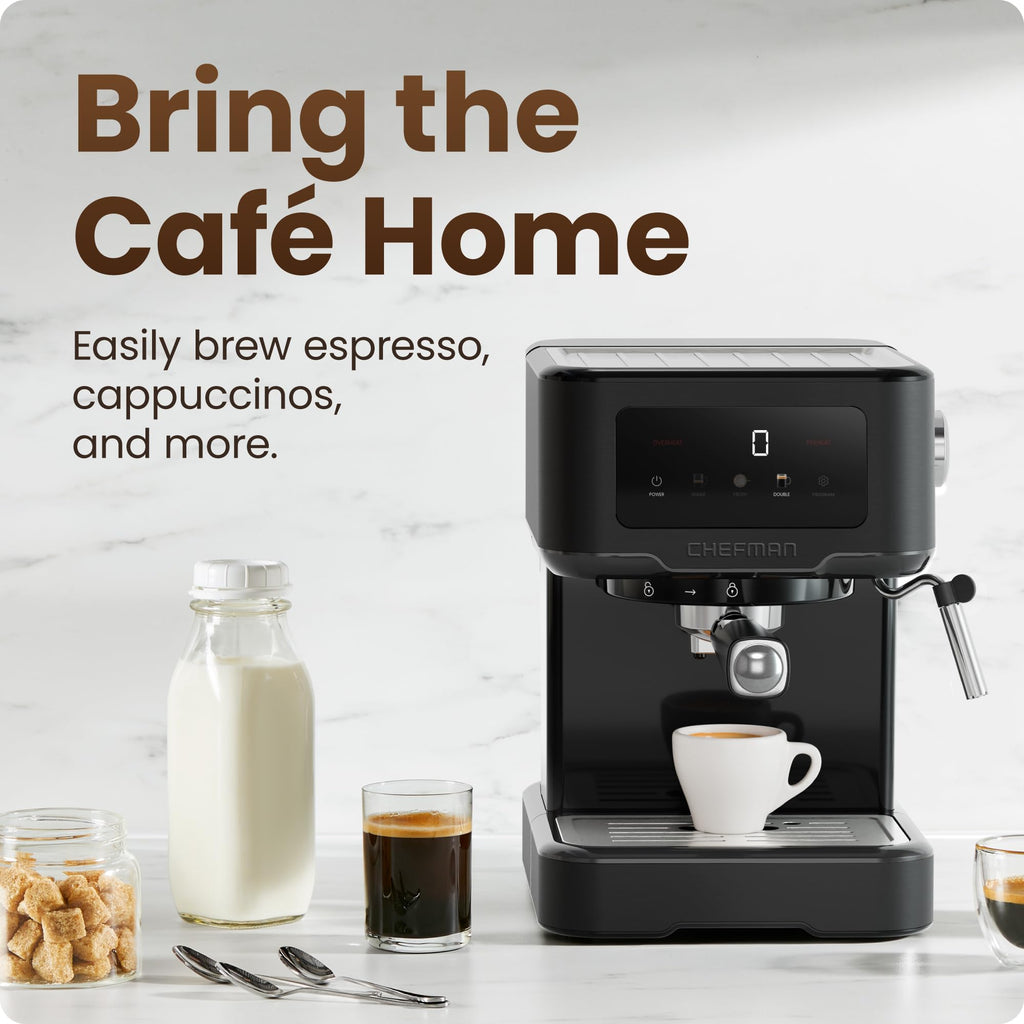 Chefman CraftBrew Espresso Machine, 15-Bar Pump Digital Espresso Maker w/Steam Wand for Latte & Cappuccino, Compact Espresso Coffee Machine w/ 1.5L Removable Water Reservoir –Stainless Black