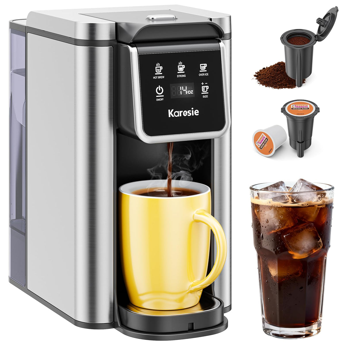 Karosie K Cup Coffee Maker, Single Cup, Stainless Steel, Black