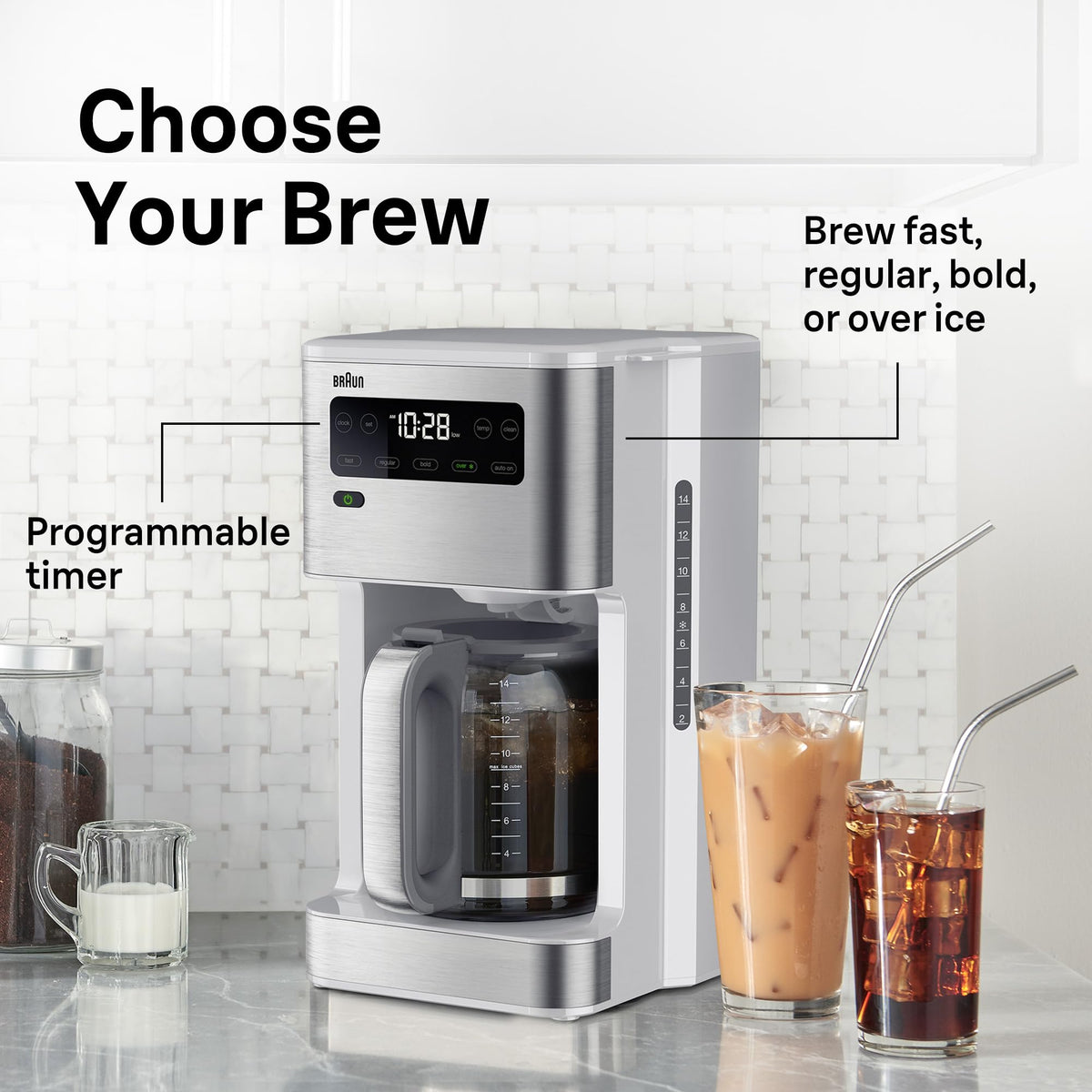 Braun PureFlavor 14‑Cup Programmable Coffee Maker – Fast Brew Speed, Touch Display, Bold & Brew‑Over‑Ice Modes, FlavorCarafe & Adjustable Warm Plate, White