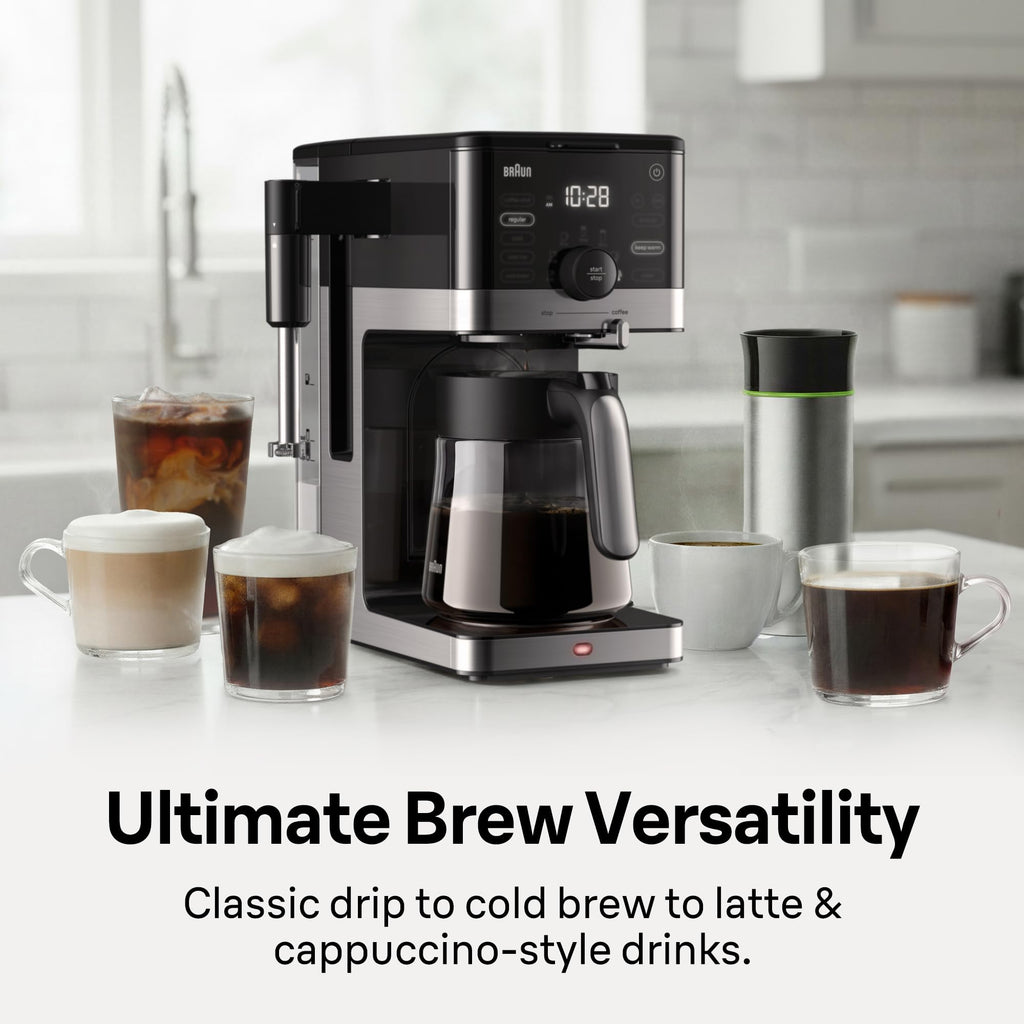 Braun OptiBrew Pro Drip Coffee Maker, Single Serve to 12 Cups, Milk Frother